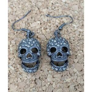 Skull Rhinestone Dangle Earrings Pierced Hook Glitzy Sparkle Heart Shaped Nose